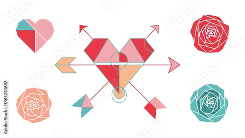 Geometric Love: An artistic, abstract composition of hearts and arrows symbolizing love, passion, and affection, presented with clean lines and a vibrant color palette.