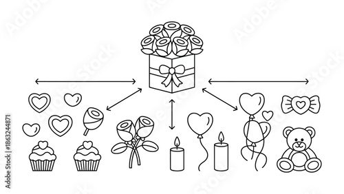 Gift of Romance: A collection of charming Valentine's Day gifts, including a floral box, individual roses, chocolates, cupcakes, candles, teddy bear, and heart-shaped balloons.
