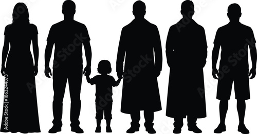 Silhouette, family, people, standing, diverse, clothing, black, white, background, child, adult, coat, dress, shorts, unity, protection, relationship, age, style, gesture