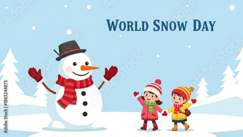 Happy children playing with snowman on world snow day in winter landscape with snowy trees