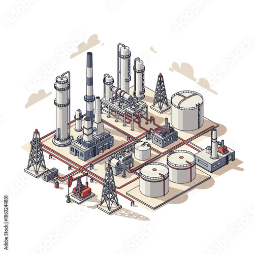 Isometric illustration of a large industrial oil refinery or chemical plant with various processing units, storage tanks, and pipelines.