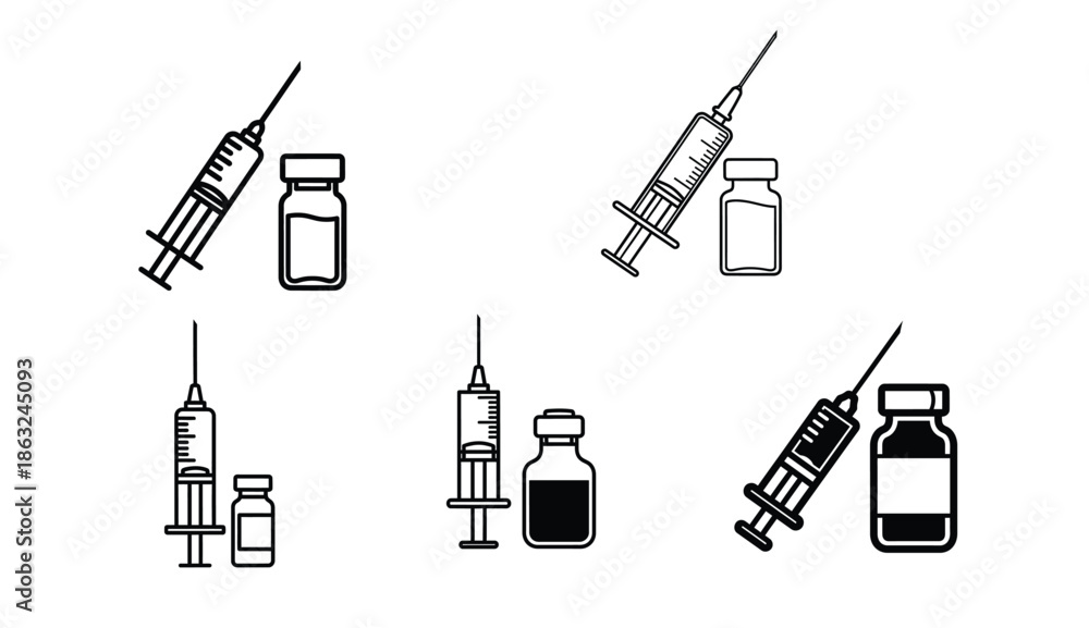 Obraz premium Syringe and Vial Medical Icon Vector EPS – Vaccination Symbol Minimal black and white syringe and vial medical icon, EPS vector, professional healthcare vaccination design.