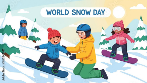 Happy children snowboarding down a snowy hill with adult supervision on world snow day