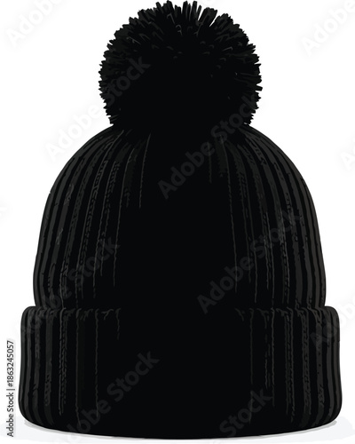 A black knit beanie with a pom-pom on top against a white background