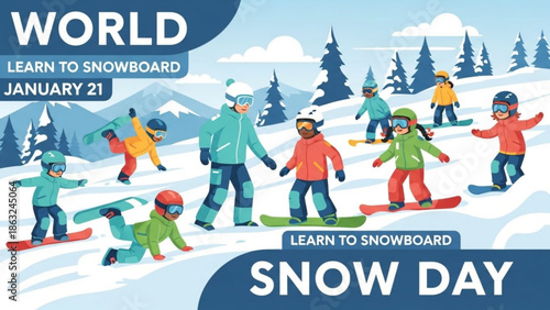 Children and adults learning to snowboard on snowy slope with trees and mountains