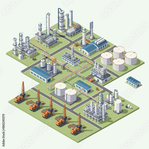 Isometric illustration of a large industrial complex with factories, storage tanks, pipelines, and drilling rigs.