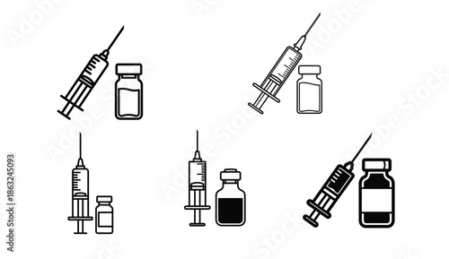 Syringe and Vial Medical Icon Vector EPS – Vaccination Symbol Minimal black and white syringe and vial medical icon, EPS vector, professional healthcare vaccination design.