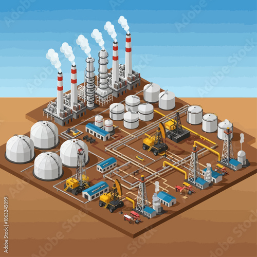 Isometric illustration of an industrial oil refinery complex with various tanks and processing units.