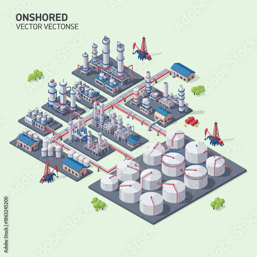 Isometric vector illustration of a large onshore industrial complex, depicting an oil refinery or chemical plant with multiple processing units, storage tanks, and interconnected pipelines.