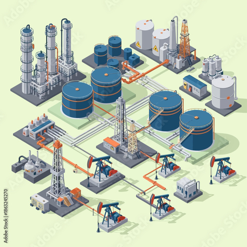 Isometric illustration of an oil and gas industry complex with drilling rigs, pumpjacks, storage tanks, and refinery units connected by pipelines.