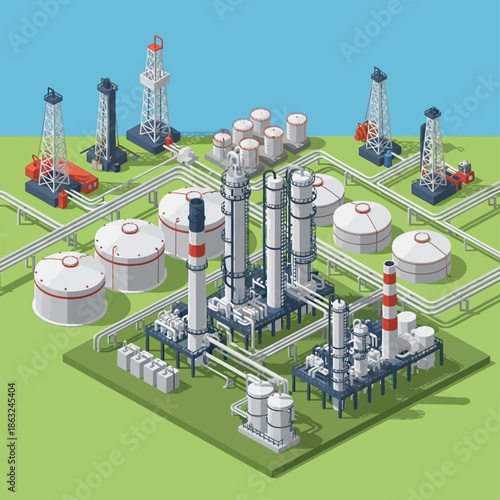 Isometric illustration of an oil refinery complex with various industrial structures.