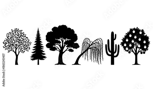 Minimalist tree silhouettes vector set with oak, pine, cherry, willow, cactus, and apple tree icons