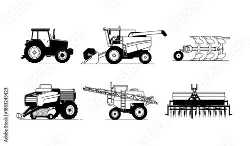 Agricultural machinery vector icons with tractor, harvester, plow, and farming equipment illustrations