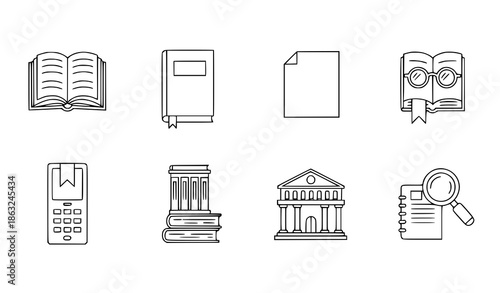 Comprehensive book and literature vector icon set with editable stroke line illustrations for reading and education