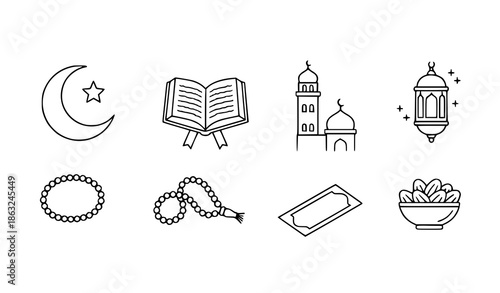 Minimalist Ramadan icon set vector with crescent, Quran, mosque, lantern, and prayer thin line illustrations