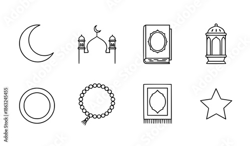 Ramadan line icon vector set with crescent moon, mosque, lantern, Quran, and Islamic thin line icons