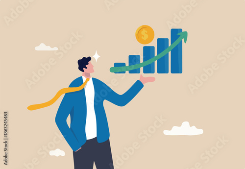 Investment profit growth, financial advisor or wealth management, make money to get rich or increase earning or income concept, confidence businessman investor holding big rising profit growth graph.