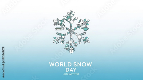 World snow day january 21st illustration with snowflake and winter elements on blue background