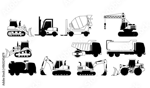 Industrial transport vector icons set with bulldozer, crane, mixer, forklift, and heavy machinery illustrations
