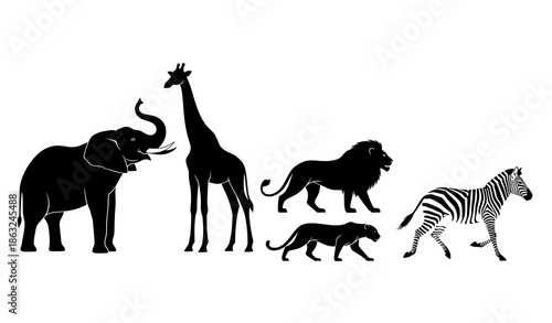 African animal silhouettes vector set with elephant, giraffe, lion, leopard, and zebra illustrations