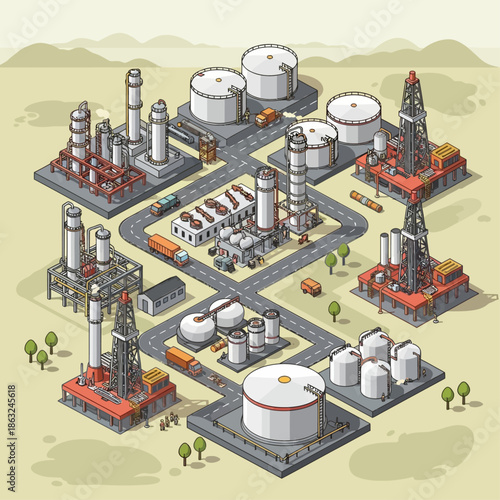 Isometric illustration of an oil refinery and industrial complex with storage tanks, drilling rigs, and processing units.