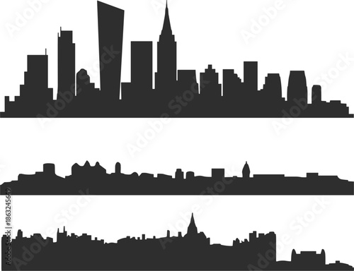Modern city skyline silhouettes, urban building landscape horizons, black architectural skyscraper outlines, isolated vector set, metropolitan panorama