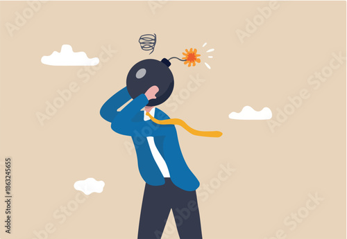 Anxiety, stressed or anger emotion, mental problem or depression, exhaustion or overworked concept, frustrated nervous businessman bomb head about to explode