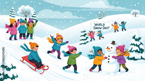 Children playing in snow on world snow day with sleds and snowman with winter