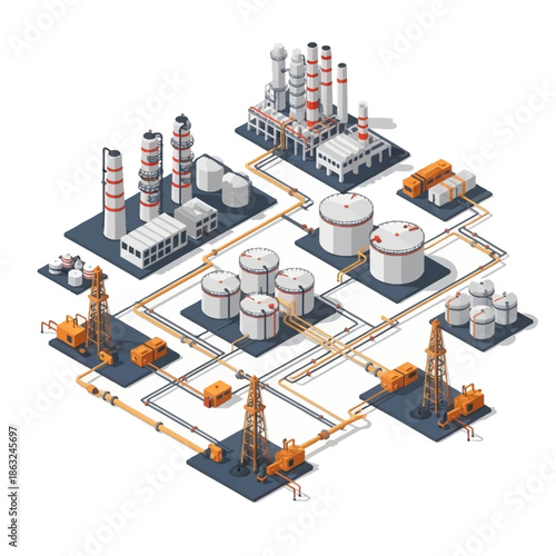 Isometric illustration of an extensive oil and gas industry complex with drilling rigs, storage tanks, and refinery facilities connected by pipelines.
