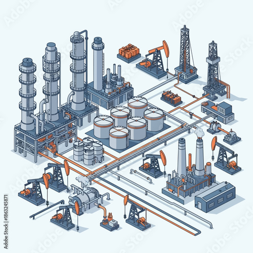 Isometric illustration of an oil refinery and extraction site with various industrial structures and machinery.
