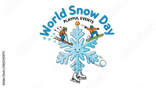 Playful winter sports illustration with snowboarders and ice skates on a smiling snowflake for world snow