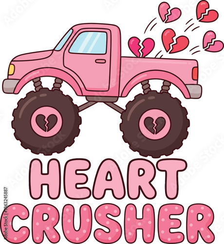 Heart Crusher Monster Truck with Broken Hearts – Funny Valentine Love Illustration for V-Day