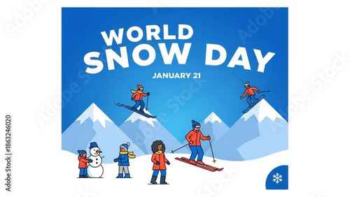 World snow day celebration on january 21 with people skiing and snowman in mountains