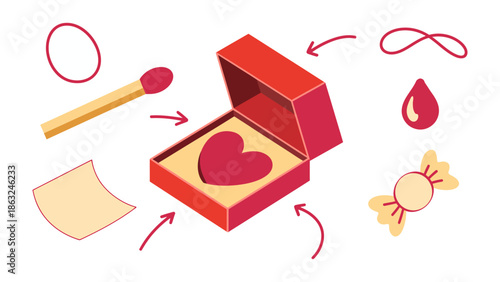 Gift of Affection: A stylized illustration presents a romantic ensemble featuring a heart within a gift box, encircled by symbols of love and affection.