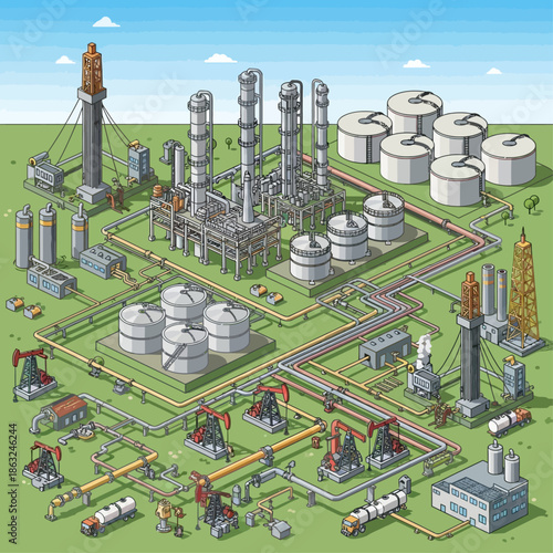 Detailed isometric illustration of an oil and gas industry complex with refinery, storage tanks, pipelines, and drilling rigs.