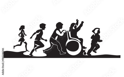 Diverse group of children including one in wheelchair running together happily