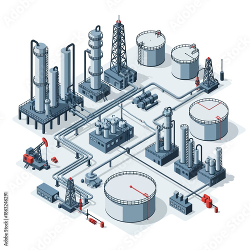 Isometric illustration of an oil refinery complex with various industrial structures, tanks, and pipelines.