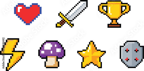 Pixel art video game icons set with heart, sword, trophy, lightning, mushroom, star and shield