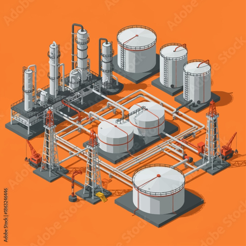 Isometric view of an industrial oil refinery or chemical plant with storage tanks, distillation columns, and pipelines on an orange background.