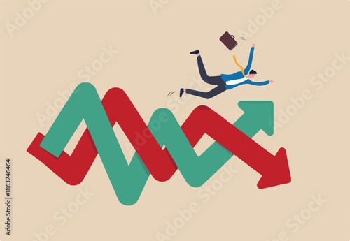 Financial investment volatility, uncertainty or change in business and stock market due to Coronavirus crisis concept, businessman investor fall on uncertainty, volatile up and down arrow profit graph
