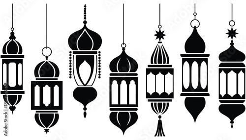 elegant collection of hanging ramadan lanterns in black silhouette, a premium ranked vector set ideal for eid mubarak greetings, islamic festive decorations, and creative projects with classic arabic 