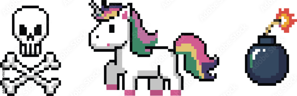Fototapeta premium Retro pixel art video game icons set with skull and crossbones, magical rainbow unicorn, and bomb