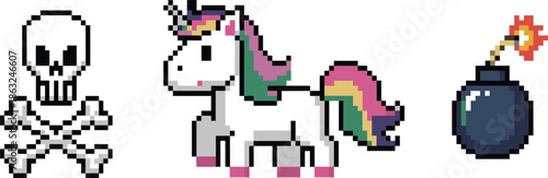 Retro pixel art video game icons set with skull and crossbones, magical rainbow unicorn, and bomb