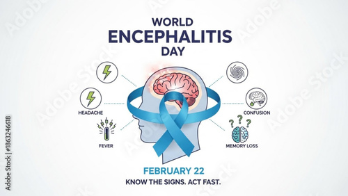 Encephalitis Awareness Blue Ribbon on Human Head with Brain Illustration, February 22 World Encephalitis Day