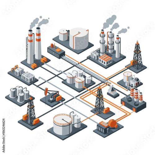 Isometric industrial complex with factories, storage tanks, oil derricks, and interconnected pipelines representing a complete production and processing network.