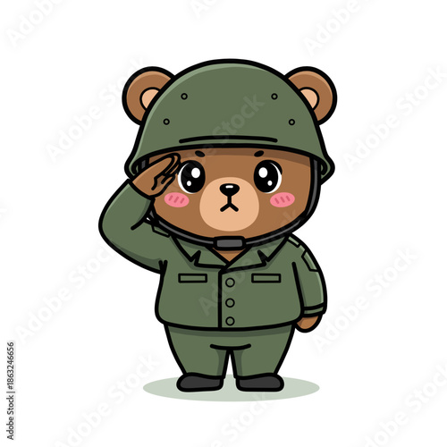 Cute cartoon bear soldier saluting with military helmet and uniform proudly
