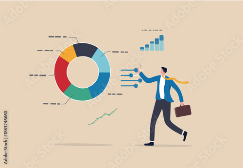 Investment portfolio adjustment, asset allocation rebalance, diversify financial plan for economic recession, inflation and interest rate concept, businessman fund manager adjust portfolio pie chart.