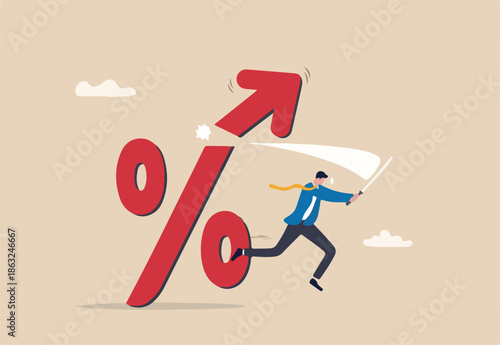 Cut or reduce inflation by monetary policy, FED, federal reserve or central bank increase interest rate to control inflation to acceptable level concept, businessman cut percentage sign with sword.