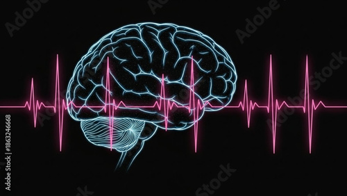 Human Brain with Pink Heartbeat Line on Black Background