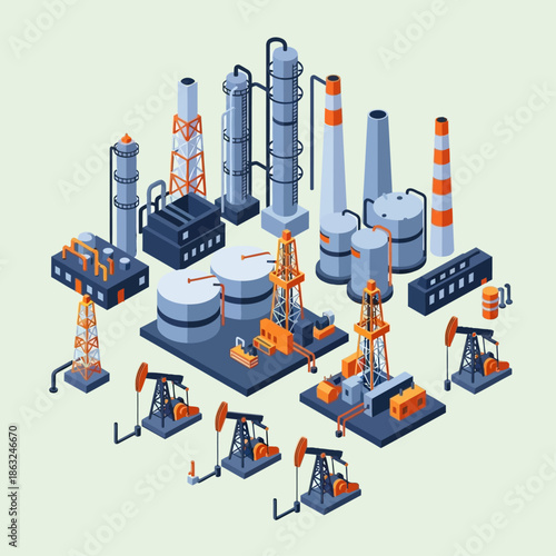 Isometric illustration of an oil and gas industry complex with various refinery buildings, storage tanks, drilling rigs, and pumpjacks.